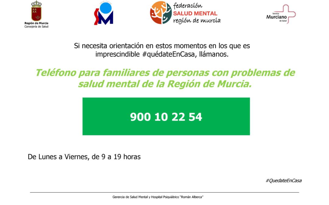 Teléfono gratuito de la Federación Salud Mental Región de Murcia durante el coronavirus